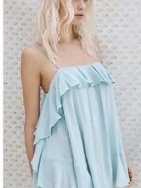 Free People Tank Top Cami M Aqua Sea Green Cascades Ruffle Flowy Boho NWOT